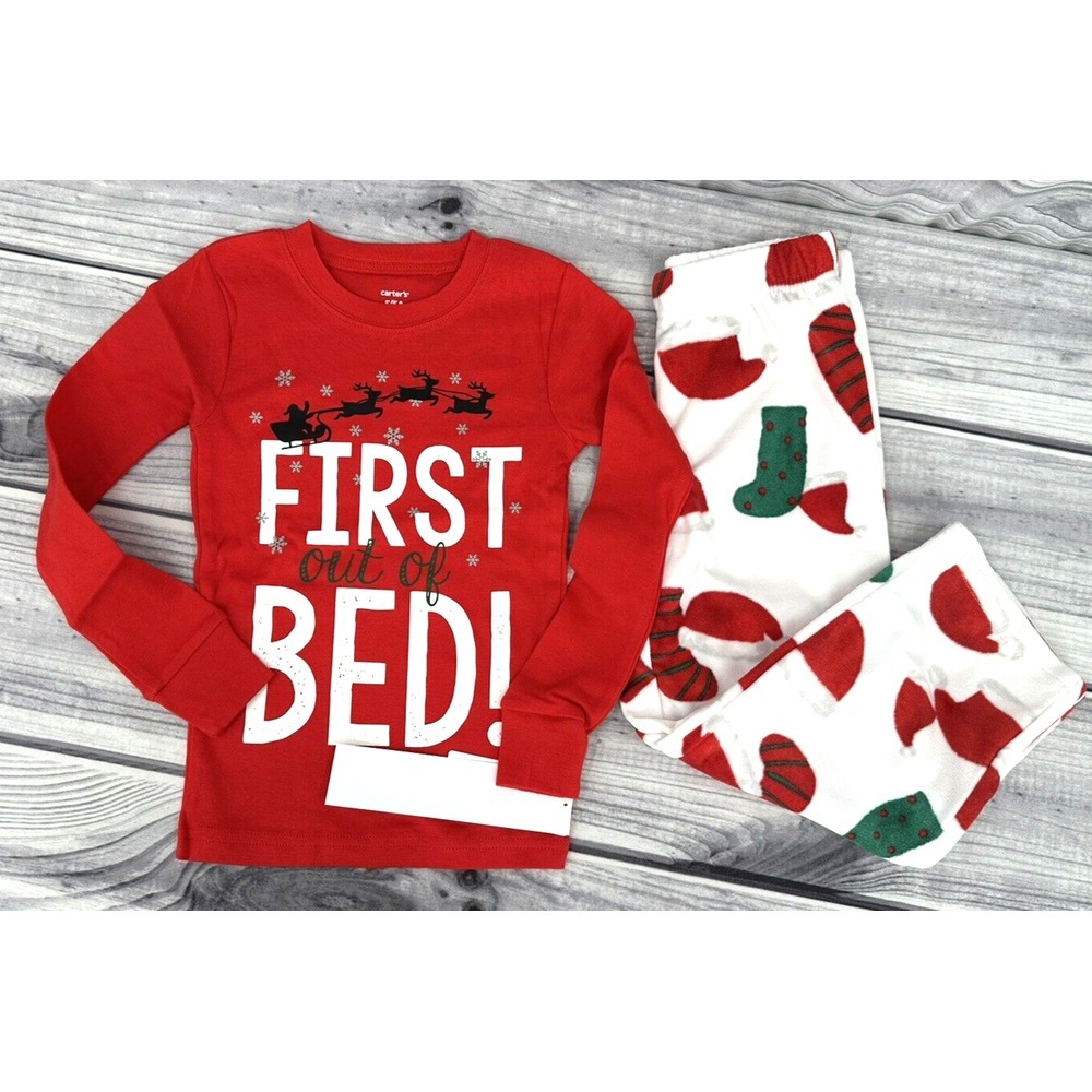 CARTERS FIRST OUT OF BED CHRISTMAS PAJAMAS Boy Or Girl Size 5 Red / White